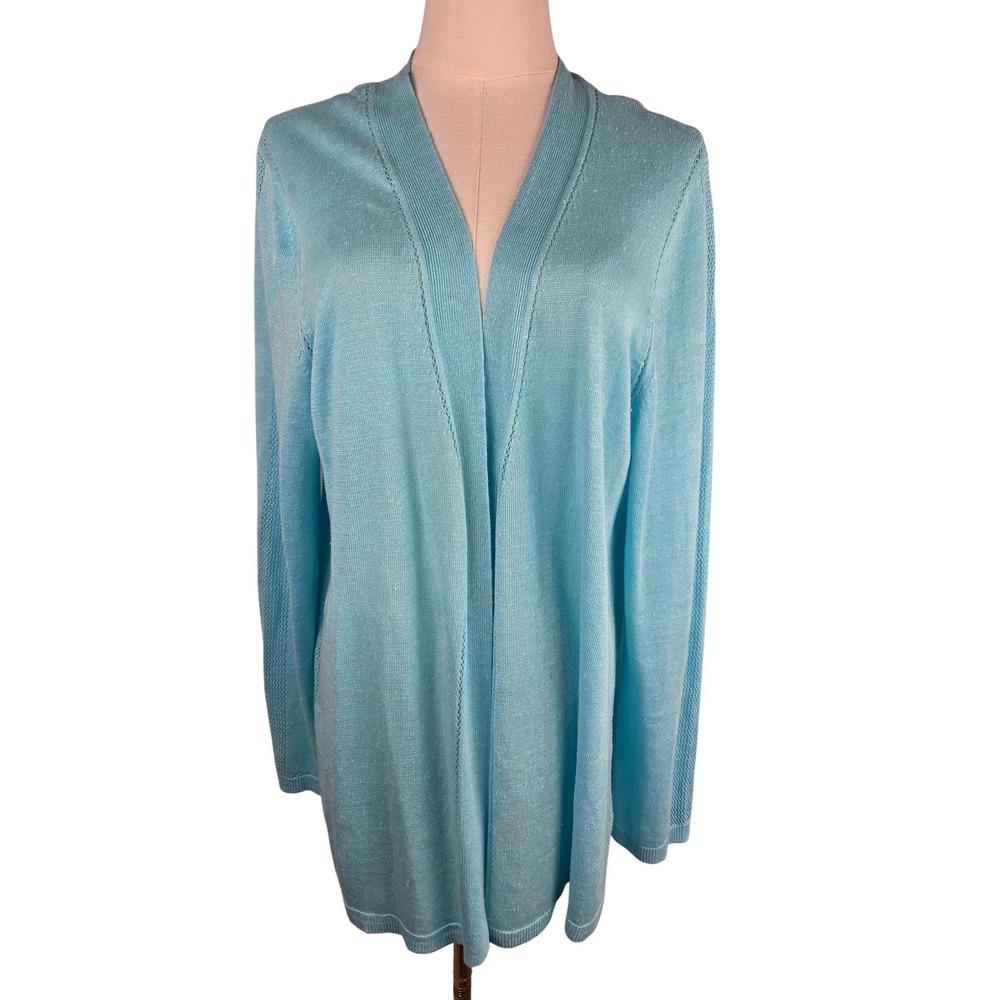 Talbots Open Front Cardigan Large Light Blue Pointelle Knit Sweater Coastal Flaw